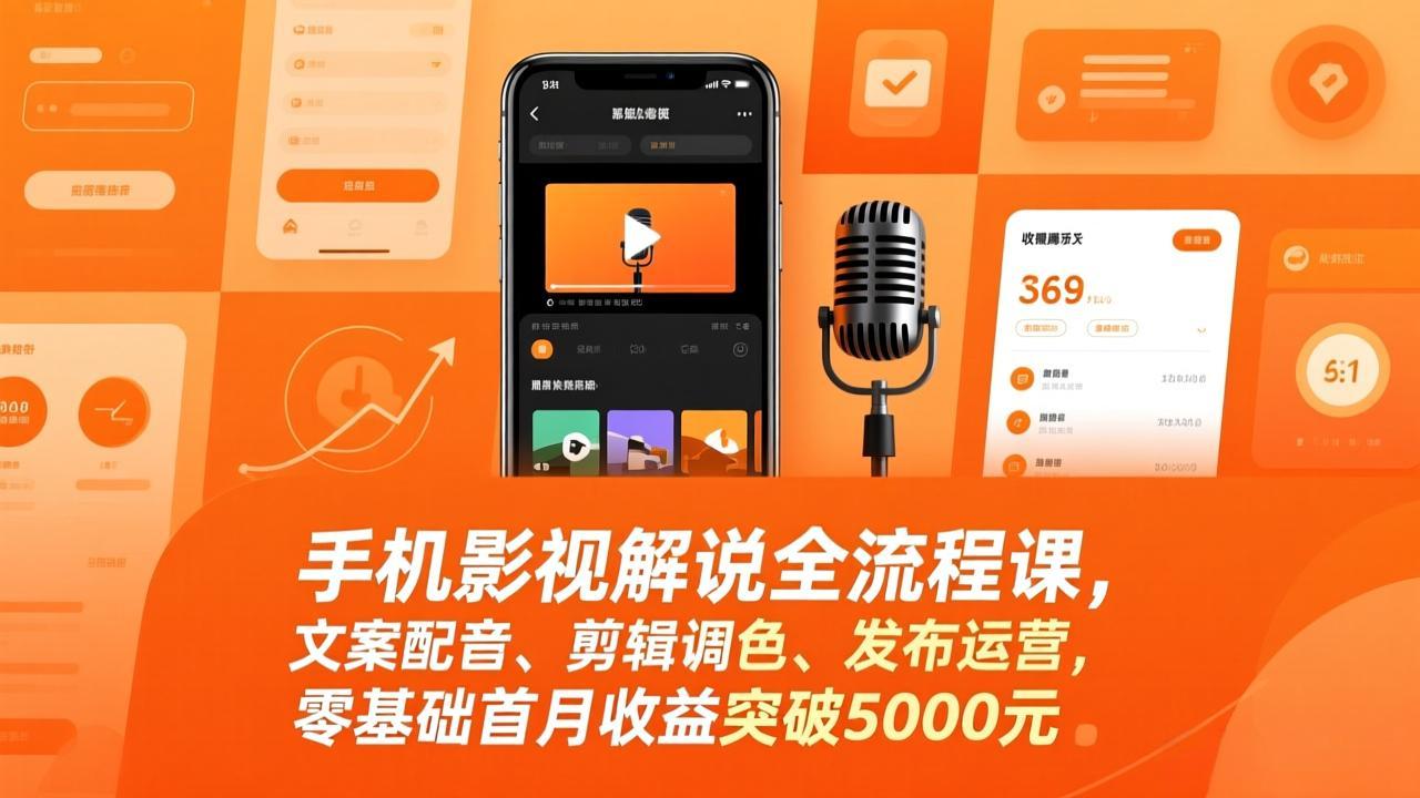 手机影视解说全流程课，文案配音、剪辑调色、发布运营，零基础首月收益突破5000元-摇钱树
