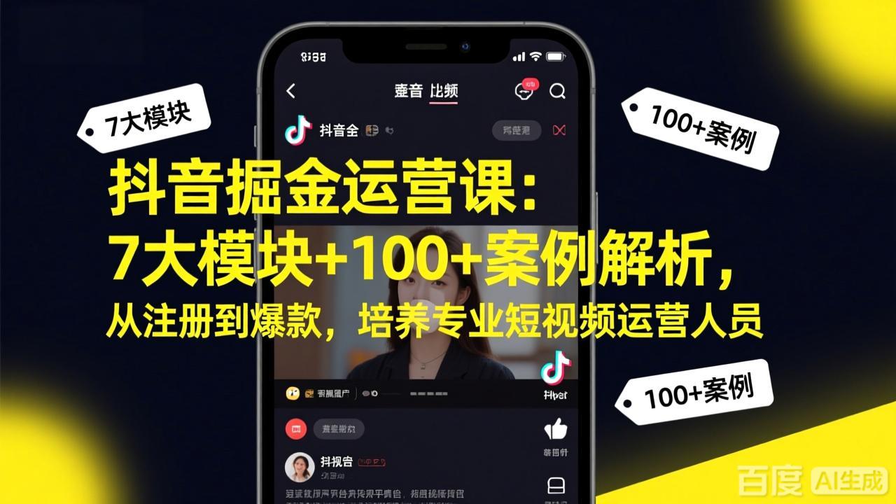 抖音掘金运营课：7大模块+100+案例解析，从注册到爆款，培养专业短视频运营人员-摇钱树