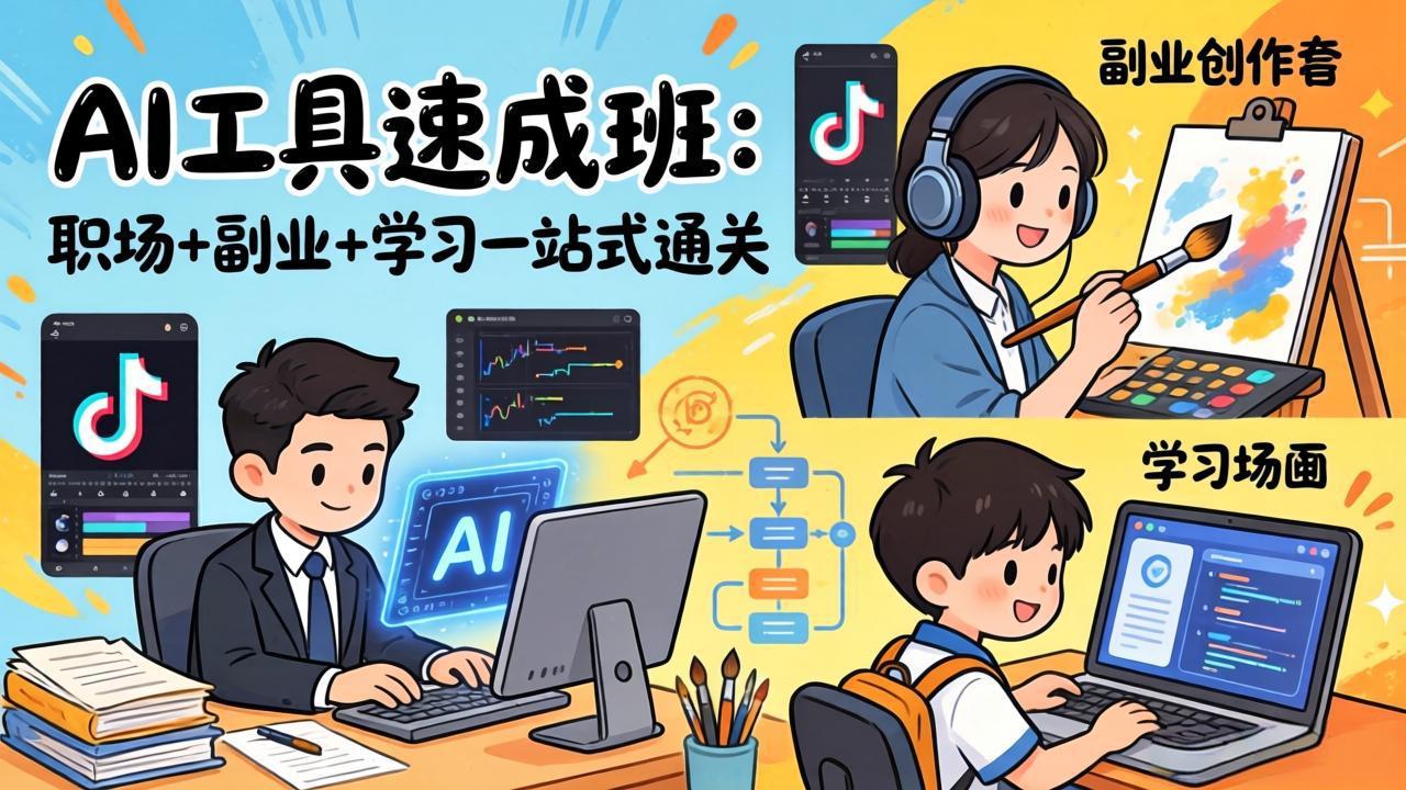 AI工具速成班：职场+副业+学习一站式通关，20+爆款类型+剪映技巧+抖音算法，0基础快速上手-摇钱树