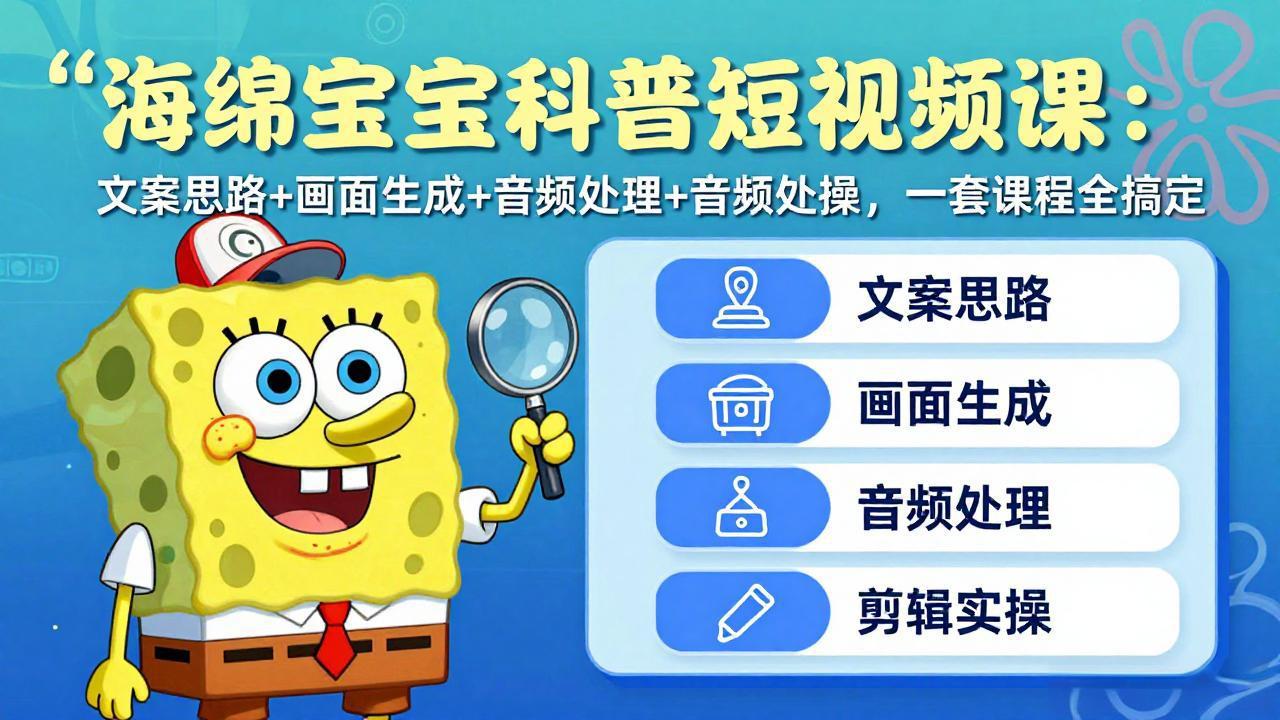 海绵宝宝科普短视频课：文案思路+画面生成+音频处理+剪辑实操，一套课程全搞定-摇钱树