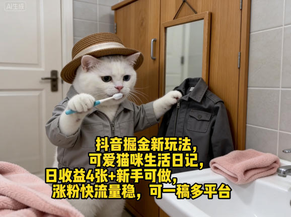 抖音掘金新玩法，可爱猫咪生活日记，日收益4张+新手可做，涨粉快流量稳，可一稿多平台-摇钱树