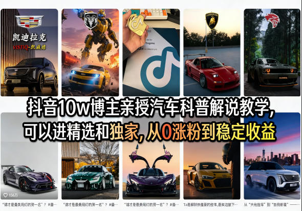 抖音10w博主亲授汽车科普解说教学，可以进精选和独家，从0涨粉到稳定收益(详细视频课程+1T素材)-摇钱树