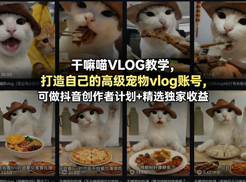 干嘛喵VLOG教学,打造自己的高级宠物vlog账号,可做抖音创作者计划+精选独家收益-摇钱树
