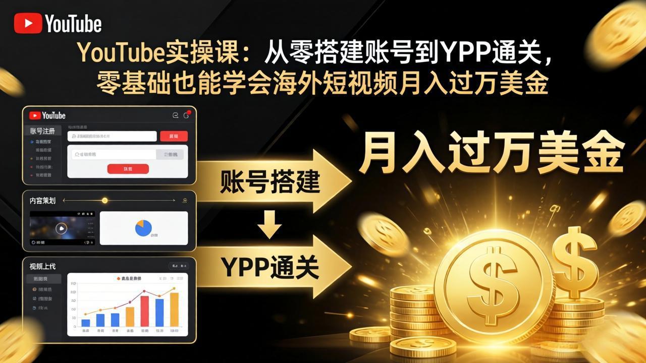 YouTube实操课:从零搭建账号到YPP通关,零基础也能学会海外短视频月入过万美金-摇钱树