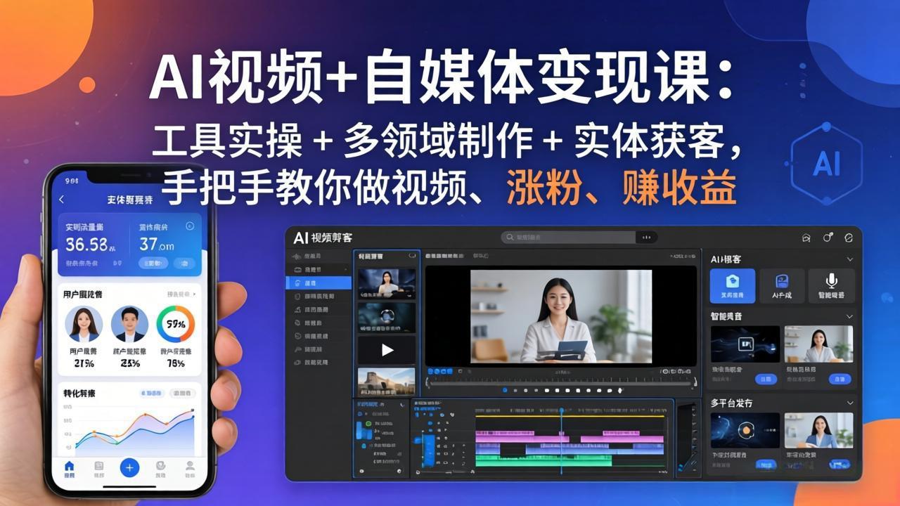 AI视频+自媒体变现课:工具实操 + 多领域制作 + 实体获客,手把手教你做视频、涨粉、赚收益-摇钱树
