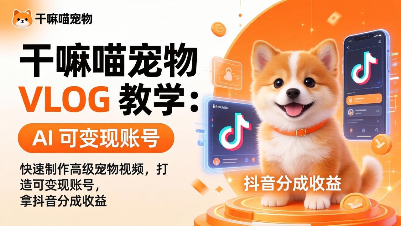 干嘛喵宠物 VLOG 教学：AI 快速制作高级宠物视频，打造可变现账号，拿抖音分成收益-摇钱树