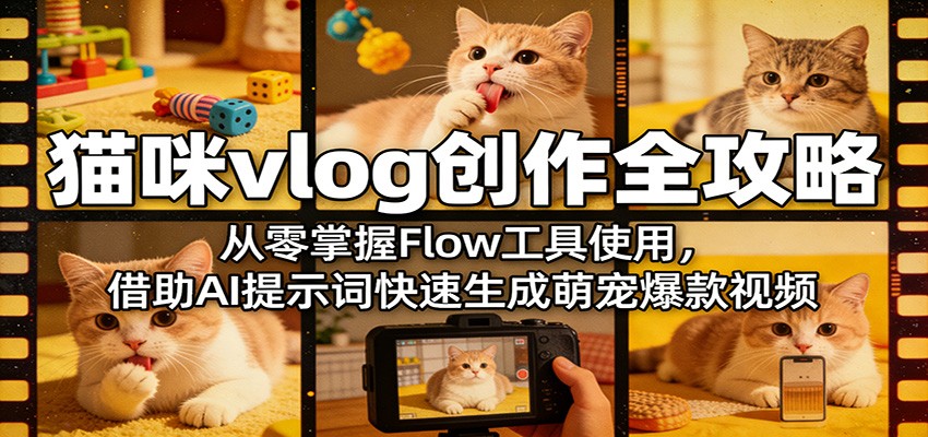 猫咪vlog创作全攻略：从零掌握Flow工具使用，借助AI提示词快速生成萌宠爆款视频-大甫网创-助力打造属于自己的超级个体-甫仁小站