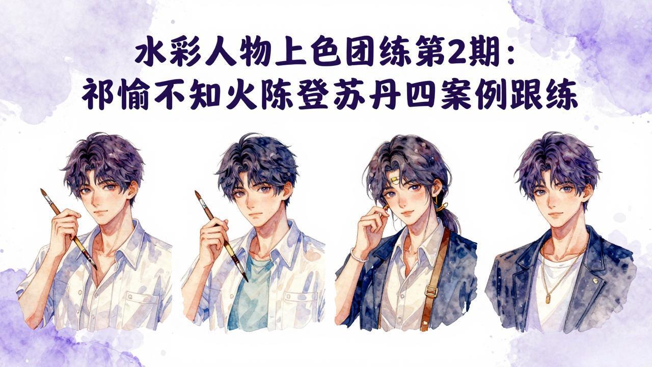 水彩人物上色团练第2期:祁煜不知火陈登苏丹四案例跟练,手把手提升绘画能力-摇钱树