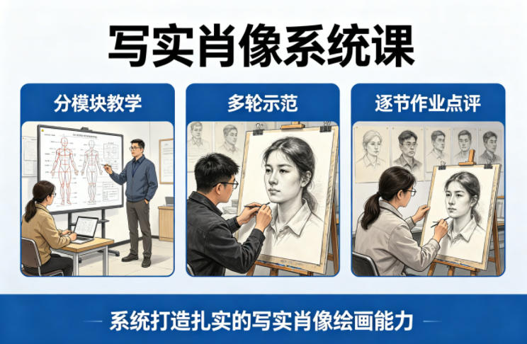写实肖像系统课，全程分模块教学+多轮示范+逐节作业点评，系统打造扎实的写实肖像绘画能力-摇钱树