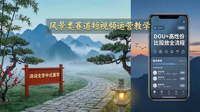 风景类赛道短视频运营教学:诗词文学中式美学,新号养号对标账号定位,DOU+高性价比投放全流程-摇钱树