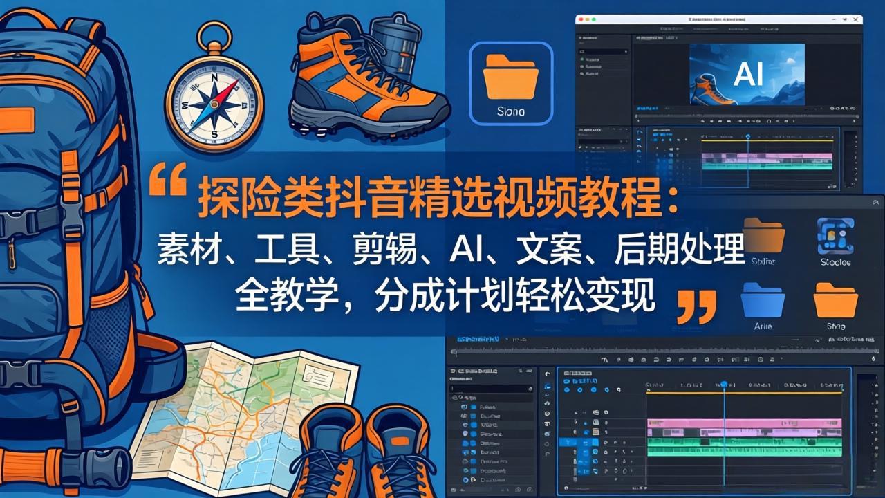 探险类抖音精选视频教程：素材、工具、剪辑、AI、文案、后期处理全教学，分成计划轻松变现-摇钱树