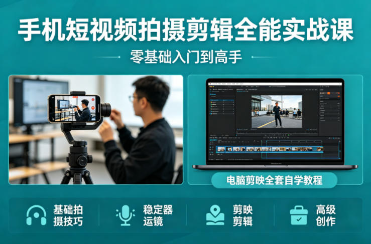 手机短视频拍摄剪辑全能实战课：零基础入门到高手，稳定器运镜+电脑剪映全套自学教程-摇钱树