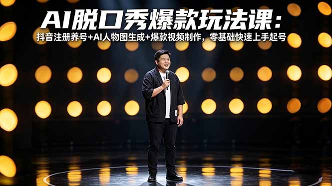 AI脱口秀爆款玩法课：抖音注册养号+AI人物图生成+爆款视频制作，零基础快速上手起号-摇钱树