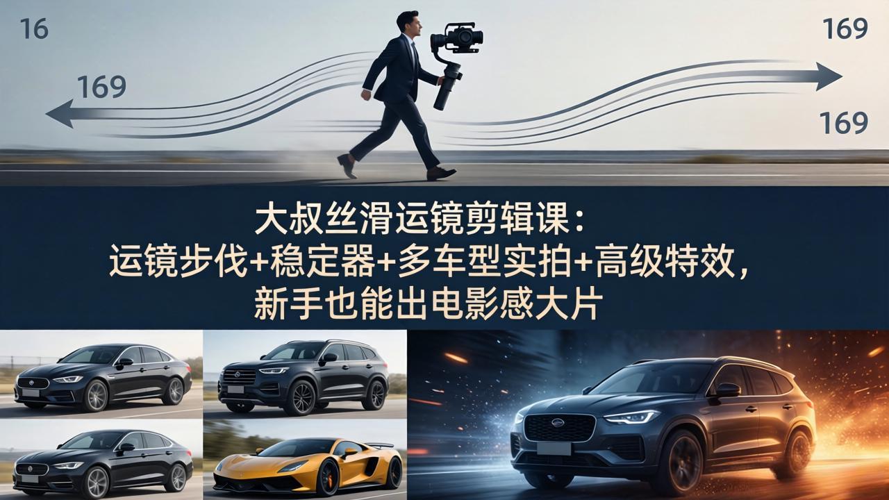 大叔丝滑运镜剪辑课：运镜步伐+稳定器+多车型实拍+高级特效，新手也能出电影感大片-摇钱树