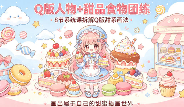 Q版人物+甜品食物团练，8节系统课拆解Q版甜系画法，画出属于自己的甜蜜插画世界-大甫网创-助力打造属于自己的超级个体-甫仁小站