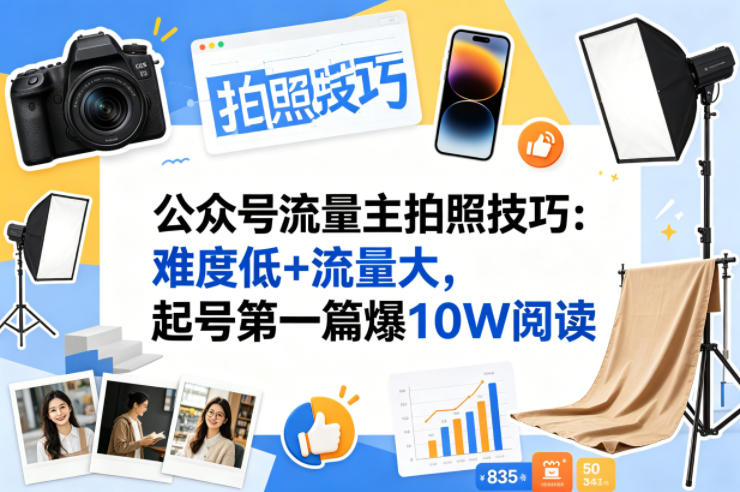 公众号流量主之拍照技巧赛道，难度低+流量大，起号第一篇就爆了10w阅读-财哥网创-全网最新项目自助网站