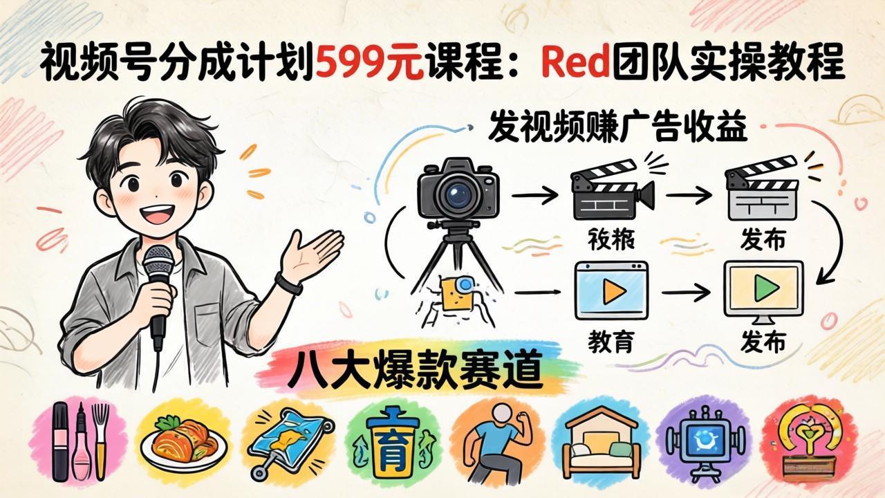 视频号分成计划599元课程：Red团队实操教程，发视频赚广告收益，八大爆款赛道全掌握-日入300副业网