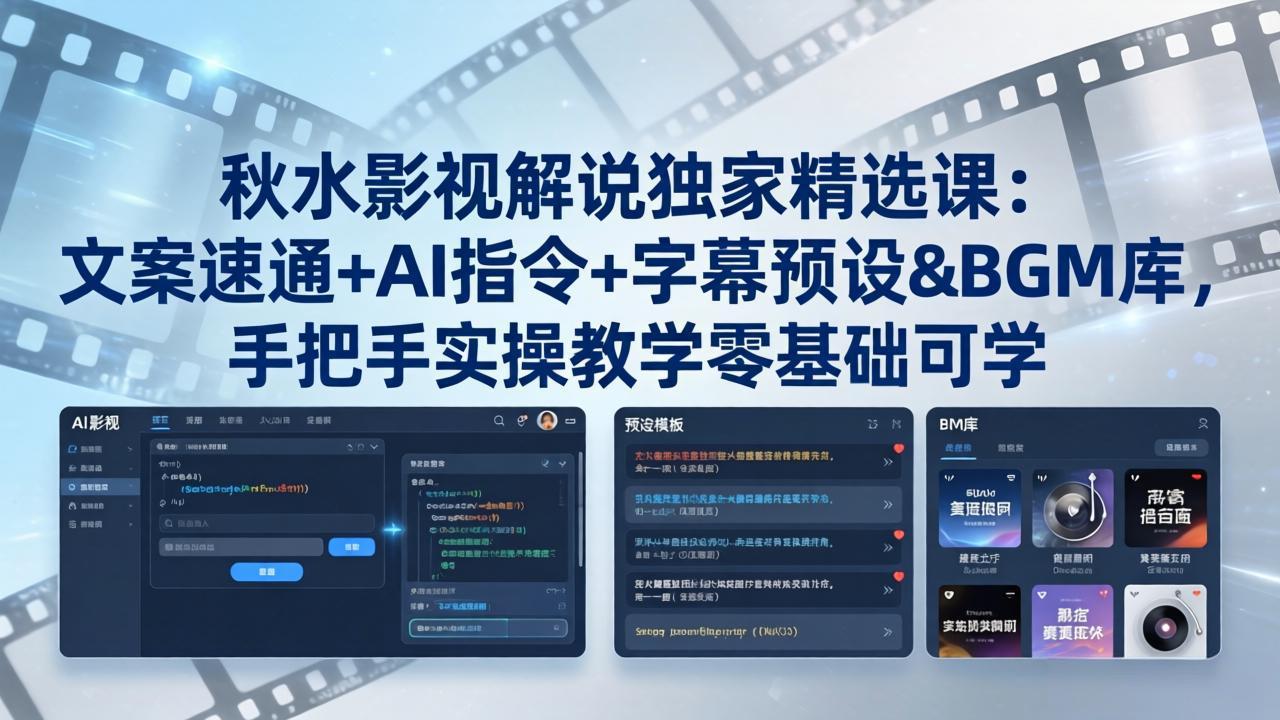 秋水影视解说独家精选课：文案速通+AI指令+字幕预设+BGM库，手把手实操教学零基础可学-摇钱树