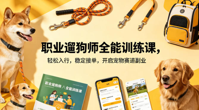 职业遛狗师全能训练课，轻松入行，稳定接单，开启宠物赛道副业-摇钱树
