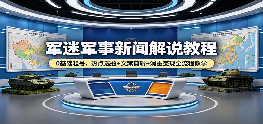军迷军事新闻解说教程：0基础起号，热点选题+文案剪辑+消重变现全流程教学-摇钱树