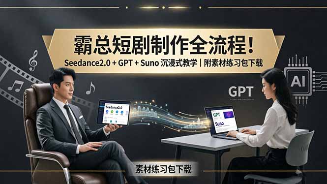 霸总短剧制作全流程！Seedance2.0 + GPT + Suno 沉浸式教学｜附素材练习包下载-摇钱树