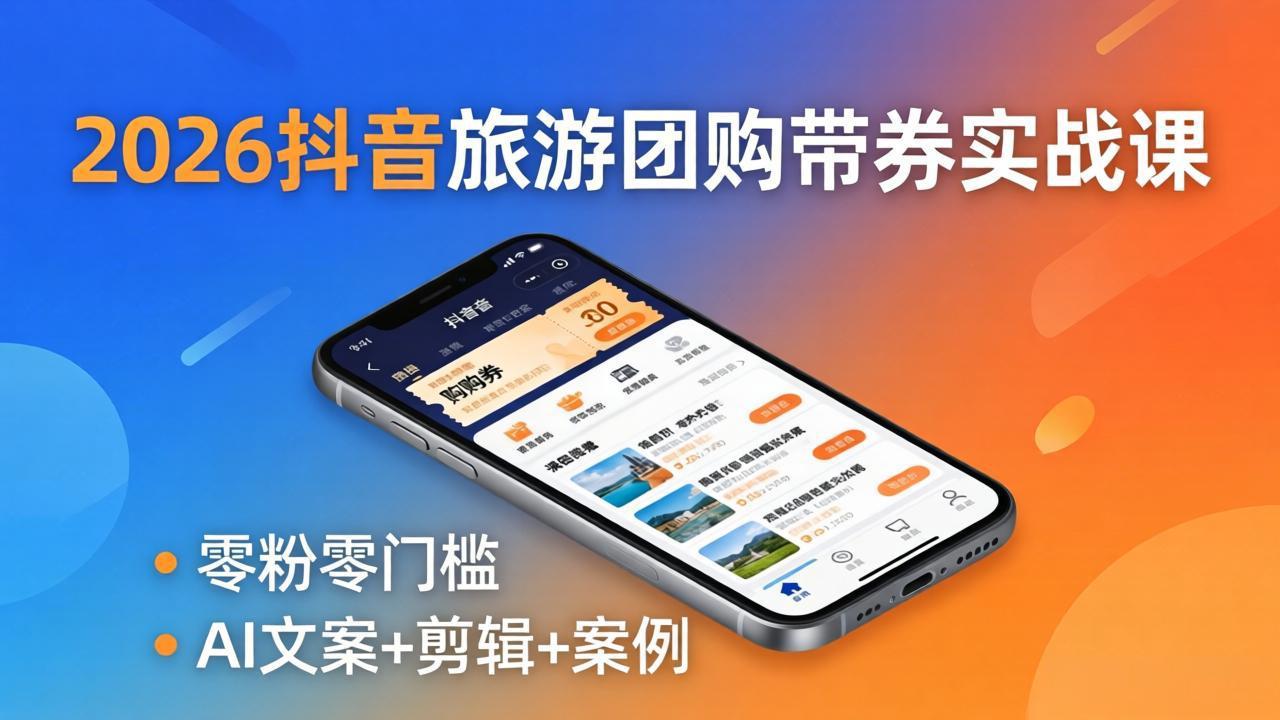 2026抖音旅游团购带券实战课：零粉零门槛，AI文案+剪辑+案例，躺着赚门票佣金-摇钱树