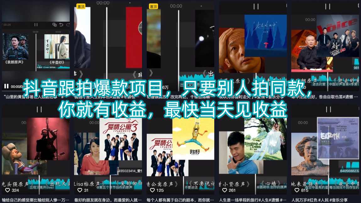 抖音跟拍爆款项目，只要别人拍同款，你就有收益，最快当天见收益-钱眼网