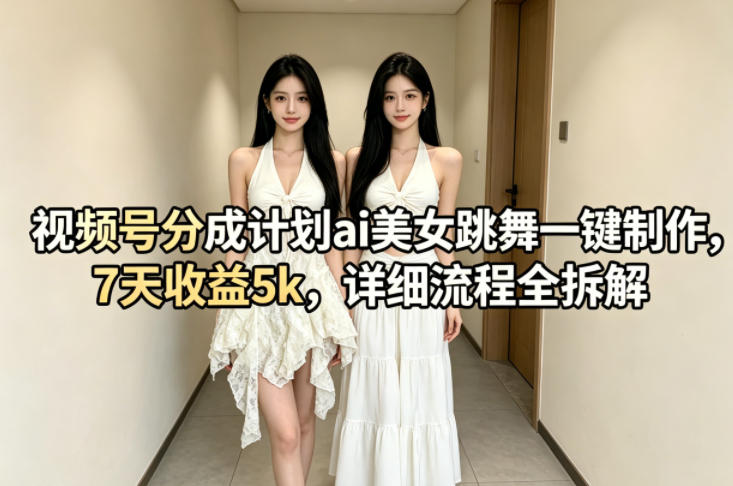 视频号分成计划ai美女跳舞一键制作，7天收益5k，详细流程全拆解-摇钱树