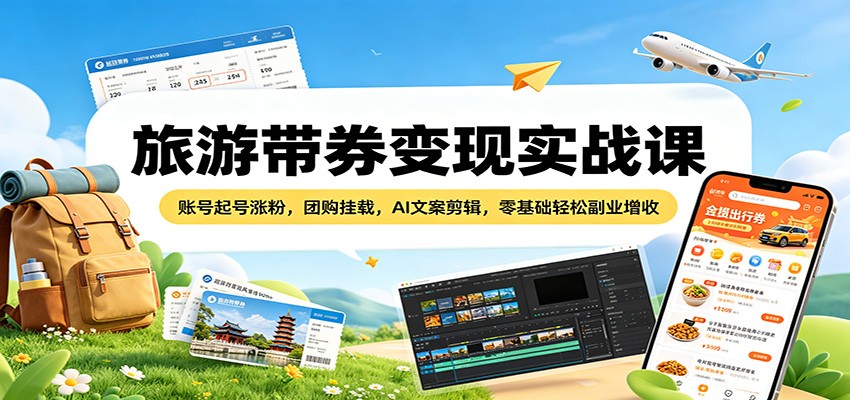 旅游带券变现实战课：账号起号涨粉，团购挂载，AI文案剪辑，零基础轻松副业增收-摇钱树