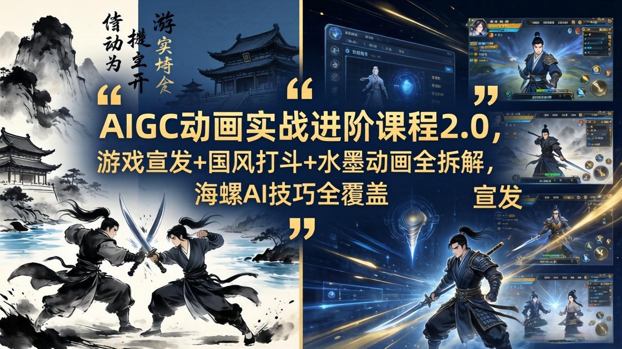 AIGC动画实战进阶课程2.0，游戏宣发+国风打斗+水墨动画全拆解，海螺AI技巧全覆盖-摇钱树