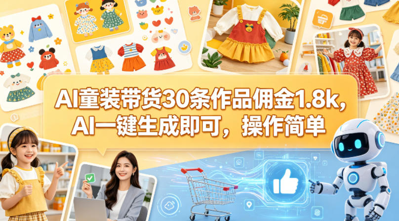 AI童装带货30条作品佣金1.8k，AI一键生成即可，操作简单-财哥网创-全网最新项目自助网站