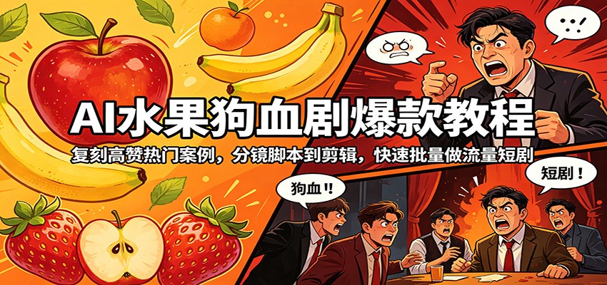 AI水果狗血剧爆款教程：复刻高赞热门案例，分镜脚本到剪辑，快速批量做流量短剧-摇钱树