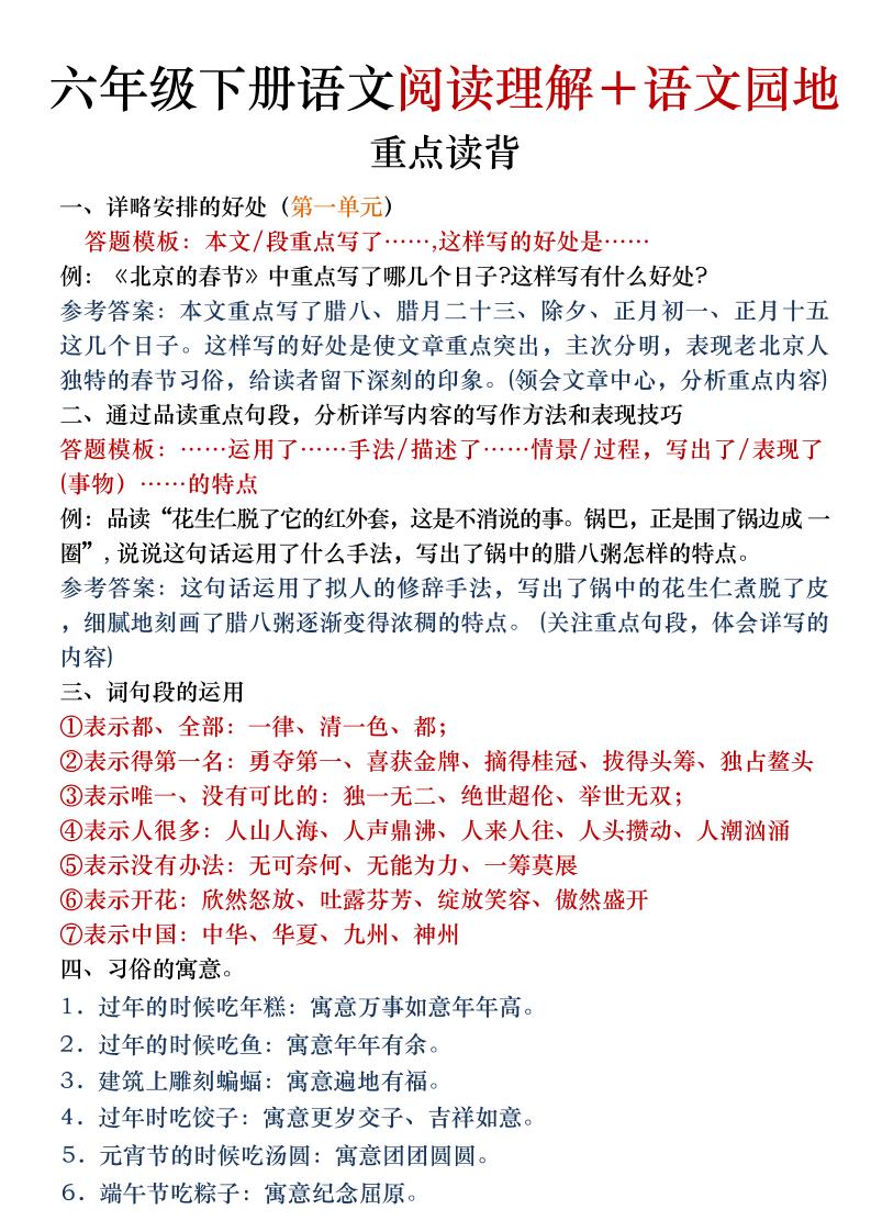 六年级下语文阅读理解＋语文园地专题-摇钱树