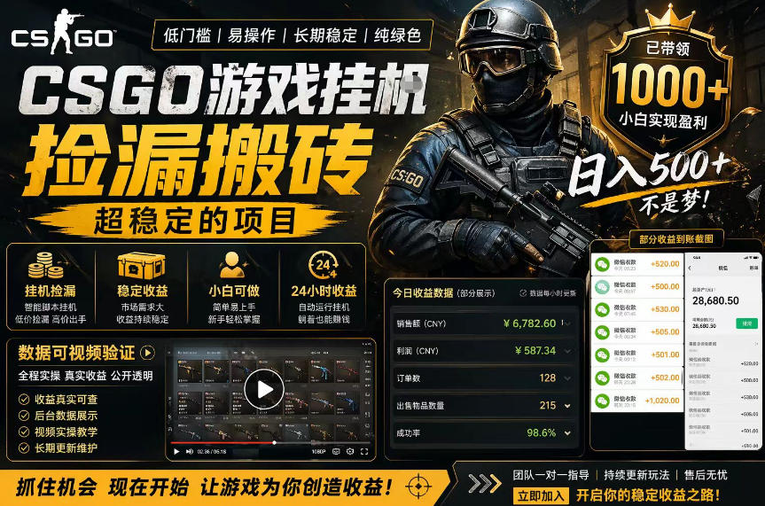 CSGO游戏搬砖，全自动挂G，不需要玩游戏，手机操作日入300+，解放双手【揭秘】-摇钱树