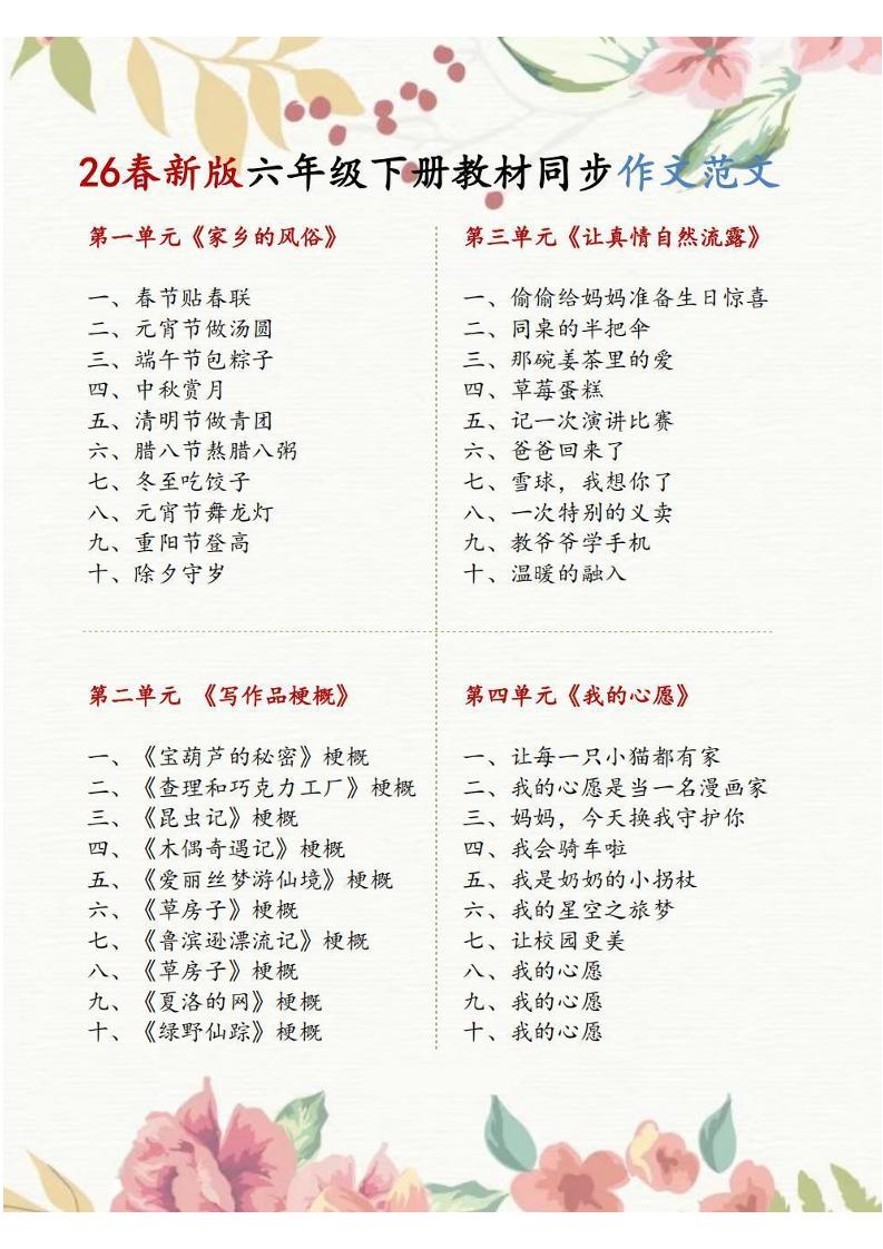 六年级下语文1-8单元同步作文范文-摇钱树