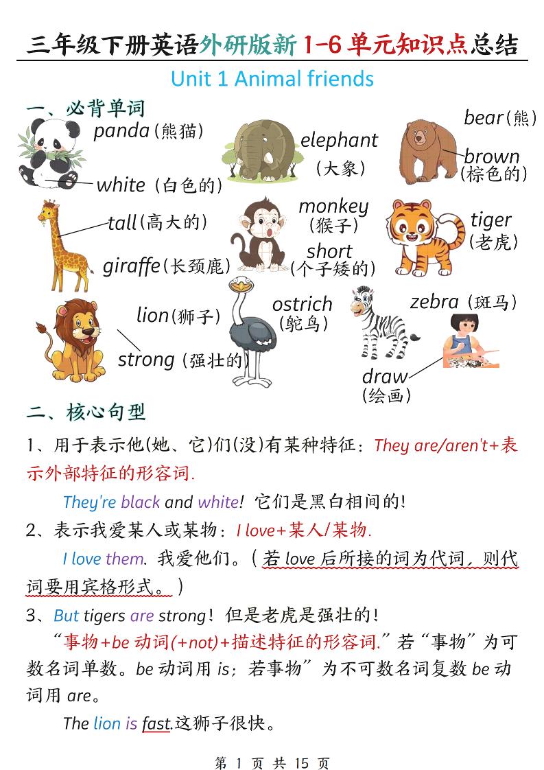 三年级下英语1-6单元必背知识点总结《外研版》-摇钱树