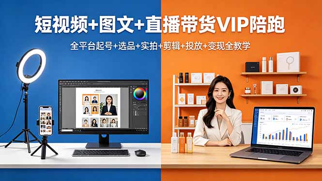 短视频+图文+直播带货VIP陪跑，全平台起号+选品+实拍+剪辑+投放+变现全教学-摇钱树