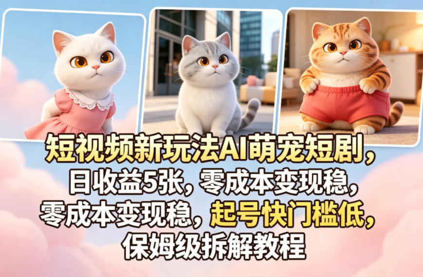 短视频新玩法AI萌宠短剧，日收益5张，零成本变现稳，起号快门槛低，保姆级拆解教程-摇钱树
