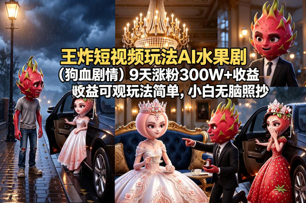 王炸短视频玩法AI水果剧(狗血剧情)9天涨粉300W+收益可观玩法简单，小白无脑照抄，详细拆解玩法-摇钱树