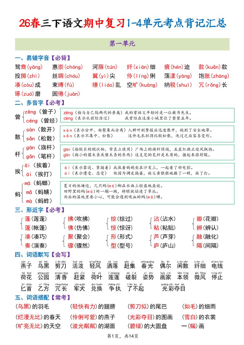 三年级下语文期中复习1-4单元考点背记汇总-钱眼网