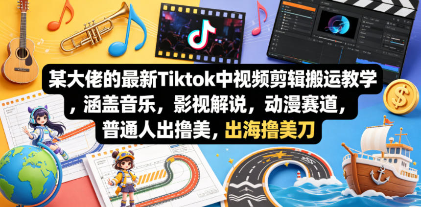 某大佬的最新Tiktok中视频剪辑搬运教学，涵盖音乐，影视解说，动漫赛道，普通人出海撸美刀-摇钱树