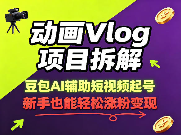 动画Vlog项目拆解，豆包AI辅助短视频起号，新手也能轻松涨粉，43条作品涨粉8.3W-摇钱树