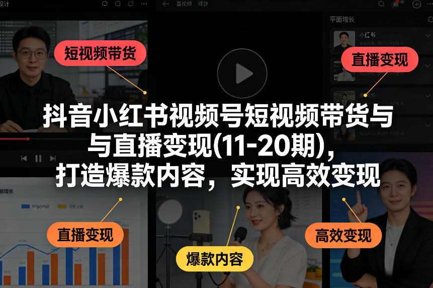 抖音小红书视频号短视频带货与直播变现(10-21期)，打造爆款内容，实现高效变现(更新05月08日)-摇钱树