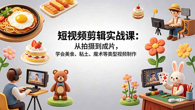 短视频剪辑实战课：从拍摄到成片，学会美食、粘土、魔术等类型视频制作-钱眼网