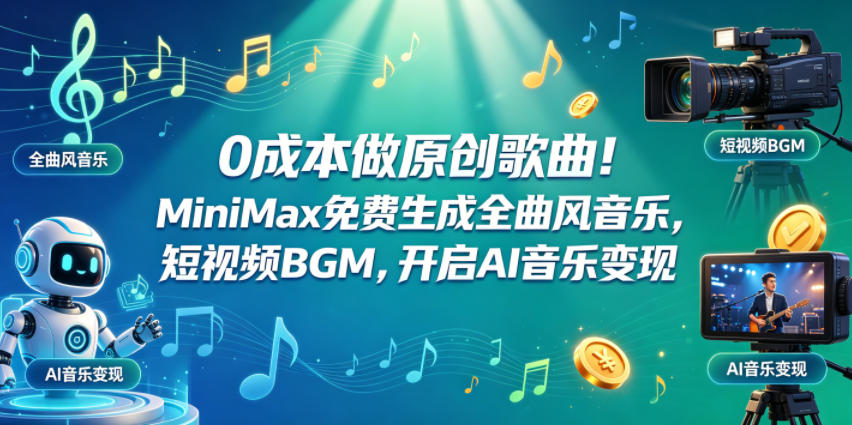 0成本做原创歌曲！MiniMax免费生成全曲风音乐，短视频BGM，开启AI音乐变现-摇钱树