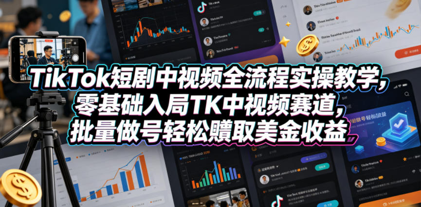 TikTok短剧中视频全流程实操教学，零基础入局TK中视频赛道，批量做号轻松賺取美金收益-摇钱树