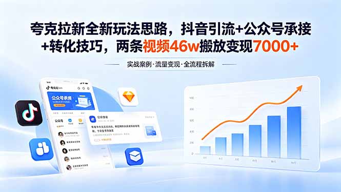 夸克拉新全新玩法思路，抖音引流+公众号承接+转化技巧，两条视频46w搬放 变现7000+-摇钱树