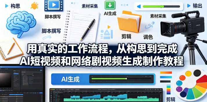 用真实的工作流程,从构思到完成AI短视频和网络剧视频生成制作教程-中英字幕-摇钱树