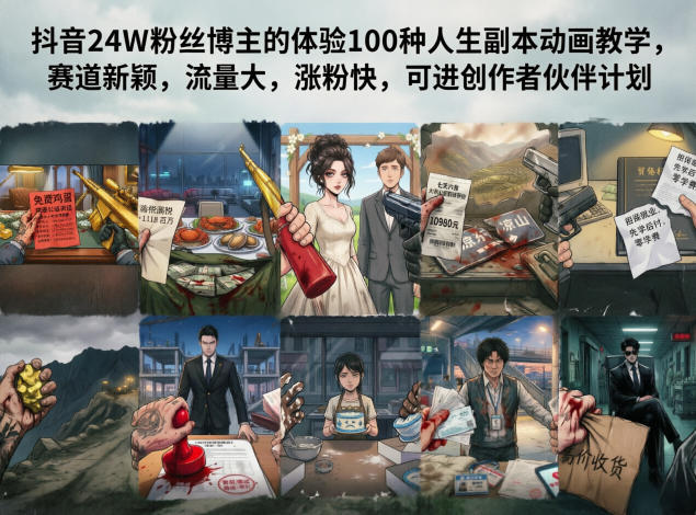 抖音24W粉丝博主的体验100种人生副本动画教学，赛道新颖，流量大，涨粉快，可进创作者伙伴计划-日入300副业网