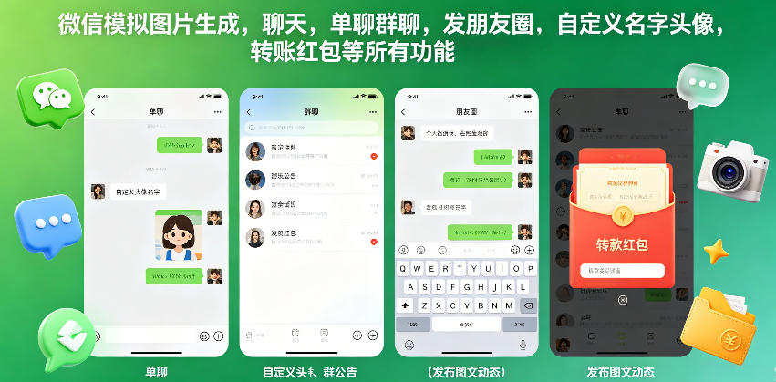微信模拟图片生成,聊天,单聊群聊,发朋友圈,自定义名字头像,转账红包等所有功能都可以生成-摇钱树